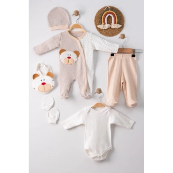 Ayıcık Nakışlı Tulumlu % 100 Pamuk Erkek Bebek 5li Set