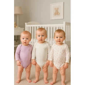 Babydonat 3lü Naturel Çiçekli Bebek Badi Zıbın - Beyaz Lila %100 Pamuk