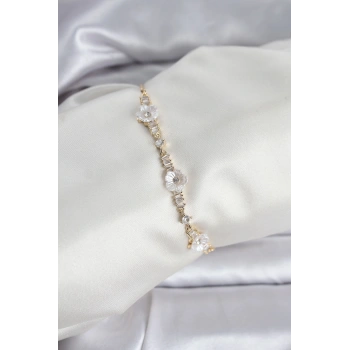 Baget Zirkon Taşlı Çiçek Model Gold Renk Asansörlü Kadın Bileklik - TJ-BB8330