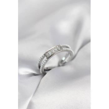 Baget Zirkon Taşlı Gümüş Renk İncili Kadın Yüzük - TJ-BYK4031