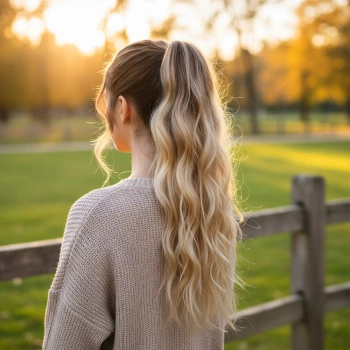 Bağlamalı Kabarık Dalgalı At Kuyruğu - Kahve / Bal Köpüğü Ombre ve Platin Işıltılı