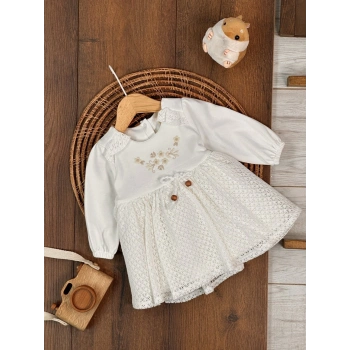 Bahar Pamuklu Çiçek Nakışlı Kız Bebek Elbise