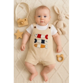 Balık Nakışlı Kısa Kollu Erkek Bebek Tulumu