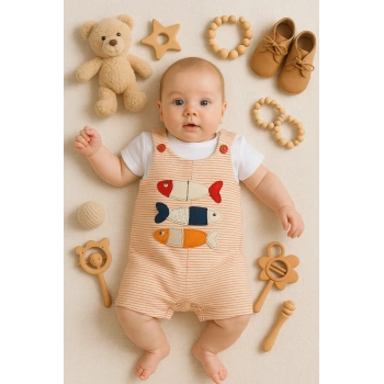 Balık Nakışlı Kısa Kollu Erkek Bebek Tulumu