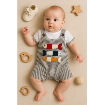 Balık Nakışlı Kısa Kollu Erkek Bebek Tulumu