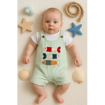 Balık Nakışlı Kısa Kollu Erkek Bebek Tulumu
