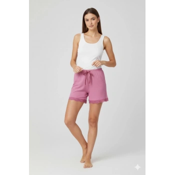 Bambu Fitilli Kadın Ev Şortu Bacak Dantel Detaylı Ev Giyim Pembe