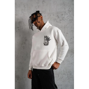 Baskılı Kapşonlu Sweat - Beyaz -