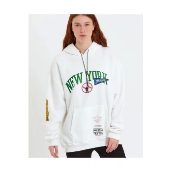 Baskılı Kapüşonlu Sweatshirt - Beyaz -
