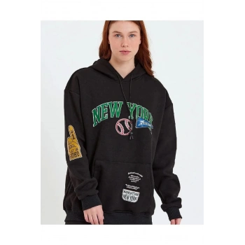 Baskılı Kapüşonlu Sweatshirt - Siyah -
