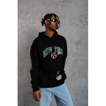Baskılı Kapüşonlu Sweatshirt - Siyah -