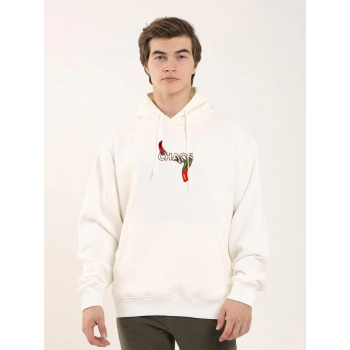 Baskılı Oversize Üç İplik Kapüşonlu Sweatshirt - Beyaz -