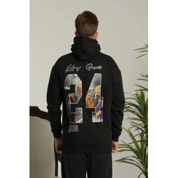 Baskılı Oversize Üç İplik Kapüşonlu Sweatshirt - Siyah