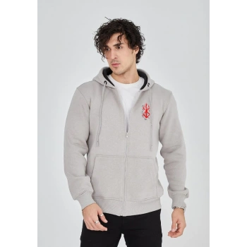 Baskılı Tam Fermuarlı Kapşonlu SweatShirt - Boyalı Gri