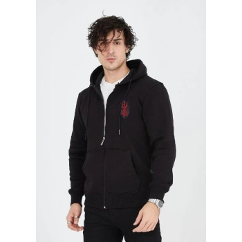 Baskılı Tam Fermuarlı Kapşonlu SweatShirt - Siyah -