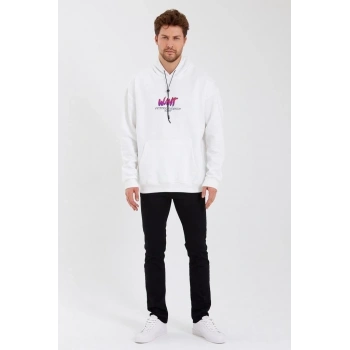 Baskılı Üç İplik Kapüşonlu Oversize Sweatshirt - Beyaz -