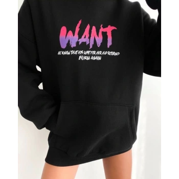 Baskılı Üç İplik Kapüşonlu Oversize Sweatshirt - Siyah -