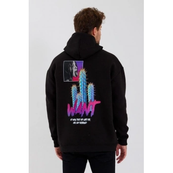 Baskılı Üç İplik Kapüşonlu Oversize Sweatshirt - Siyah -
