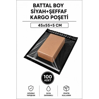 Battal Boy Siyah Şeffaf Kargo Poşeti 45x55+5 Cm 100 Adet