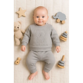 Bear Gofre Kabartmalı 2li Erkek Bebek Takımı