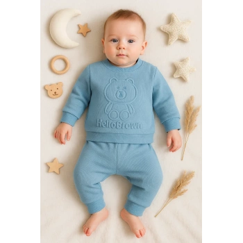 Bear Gofre Kabartmalı 2li Erkek Bebek Takımı