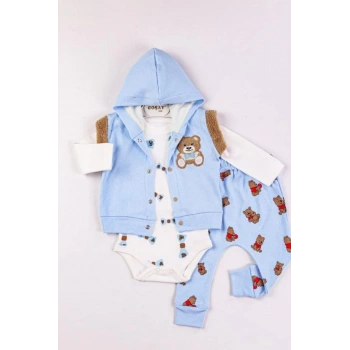 Bear Nakışlı Yelekli 3lü Erkek Bebek Takımı
