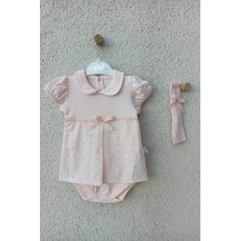 Bebek Yakalı Çiçek Işlemeli Bandanalı Badi 3-6-9 Ay