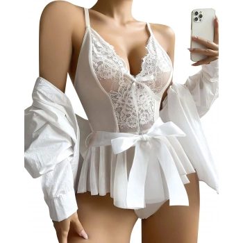 Beyaz Dantel İşlemeli Kurdelalı Fantezi Tül Babydoll