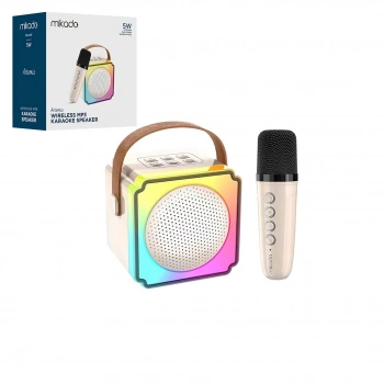 BEYAZ KARAOKE MİKROFONLU WİRELESS HOPARLÖR - SPEAKER IŞIKLI USB ŞARJLI BT - TF CARD - AUX 5W (4887)