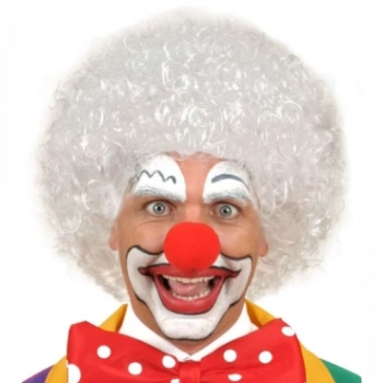 Beyaz Kıvırcık Afro Peruk ve Kırmızı Sünger Burun Seti