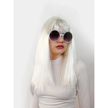 Beyaz Renk Uzun Düz Parti Peruğu