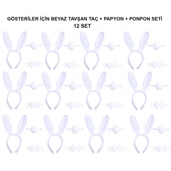 Beyaz Tavşan Kostüm Seti – Taç, Papyon, Kuyruk (12’li Paket)