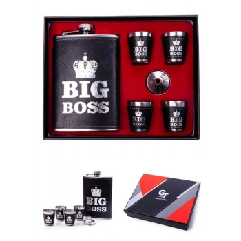 Big Boss Çelik Matara Hediye Seti Deri Kaplamalı Içki Viski Votka Konyak Matarası 4 Shot Bardaklı
