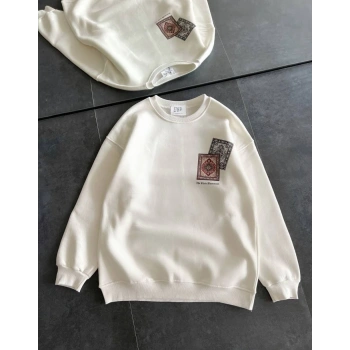 Bisiklet Yaka Baskılı SweatShirt - Beyaz -