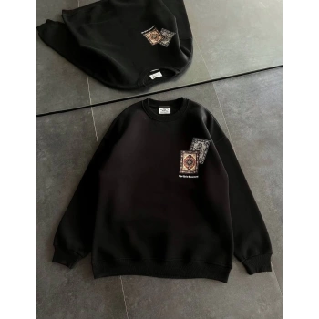 Bisiklet Yaka Baskılı SweatShirt - Siyah -