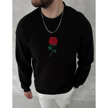 Bisiklet Yaka Ön Ve Arka Baskılı SweatShirt - Siyah -