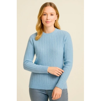 Bisiklet Yuvarlak Yaka Triko Kazak Pamuklu Kalın Fitilli Dokuma, Regular Fit Uzun Kollu Kışlık Model - Bebe Mavisi