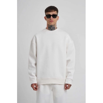 Biskilet Yaka Üç İplik SweatShirt - Beyaz -
