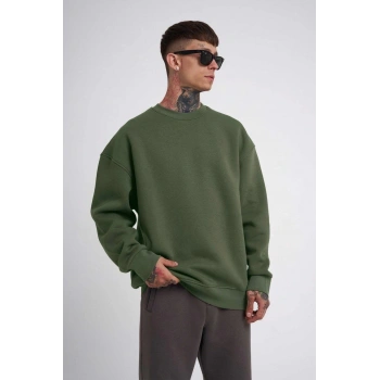 Biskilet Yaka Üç İplik SweatShirt - Haki