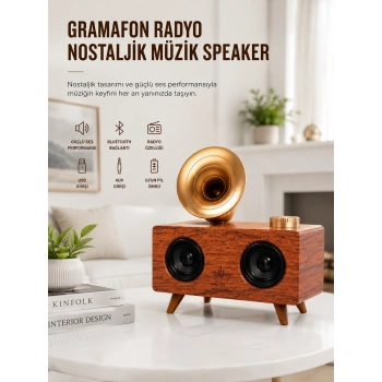 Bluetooth Nostalji Speaker Radyo Gramofon Ahşap Renk Vintage Yeni Nesil