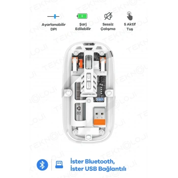 Bluetooth Usb Çift Modlu Sessiz Mouse, Şeffaf Mıknatıslı Kapaklı, Type-c Şarjlı, Dpı Ayarlı, Kablosuz 10m Çekim Mesafeli, Masaüstü Kısayol Tuşlu, Taşınabilir Şarjlı Mouse Beyaz
