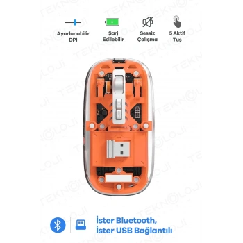 Bluetooth Usb Çift Modlu Sessiz Mouse, Şeffaf Mıknatıslı Kapaklı, Type-c Şarjlı, Dpı Ayarlı, Kablosuz 10m Çekim Mesafeli, Masaüstü Kısayol Tuşlu, Taşınabilir Şarjlı Mouse Turuncu