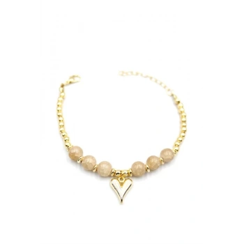 Boncuklu Kalp Bileklik - Krem