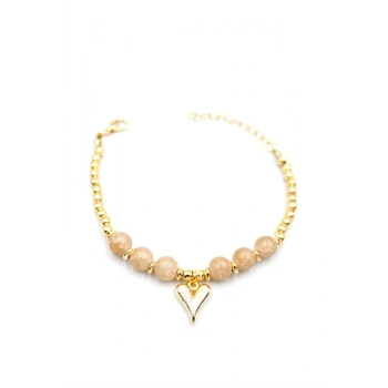 Boncuklu Kalp Bileklik - Krem