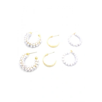 Boncuklu Küpe Seti - Beyaz