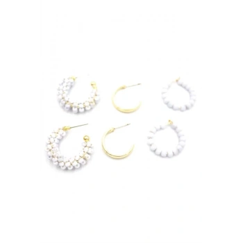 Boncuklu Küpe Seti - Beyaz