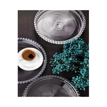 Boncuklu Sunum Tepsisi, Şeffaf Tepsi, Çay Tepsisi, Sunumluk 23 Cm