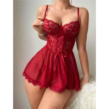 Bordo Dantel İşlemeli Tül Fantezi Gecelik