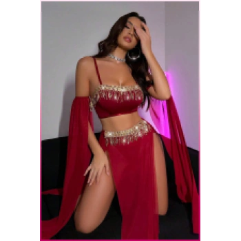 Bordo Pul Aksesuarlı Tül Etekli Kadın Seksi Gecelik