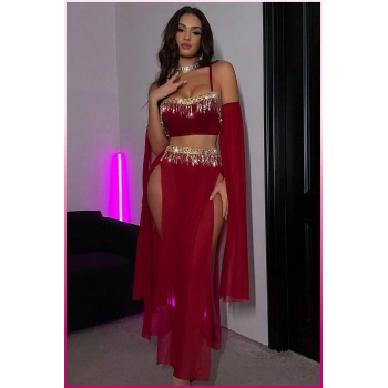 Bordo Pul Aksesuarlı Tül Etekli Kadın Seksi Gecelik